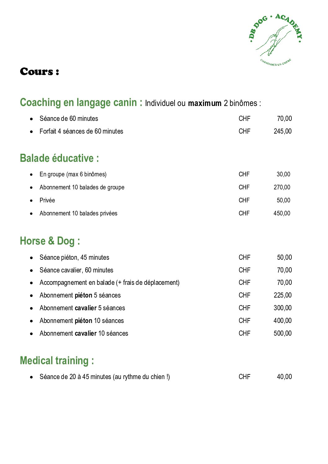 Liste de prix cours 2025-2026