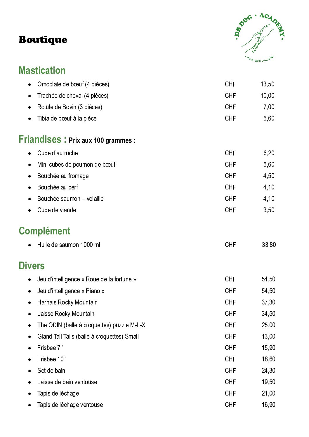 Liste de prix Boutique 2025